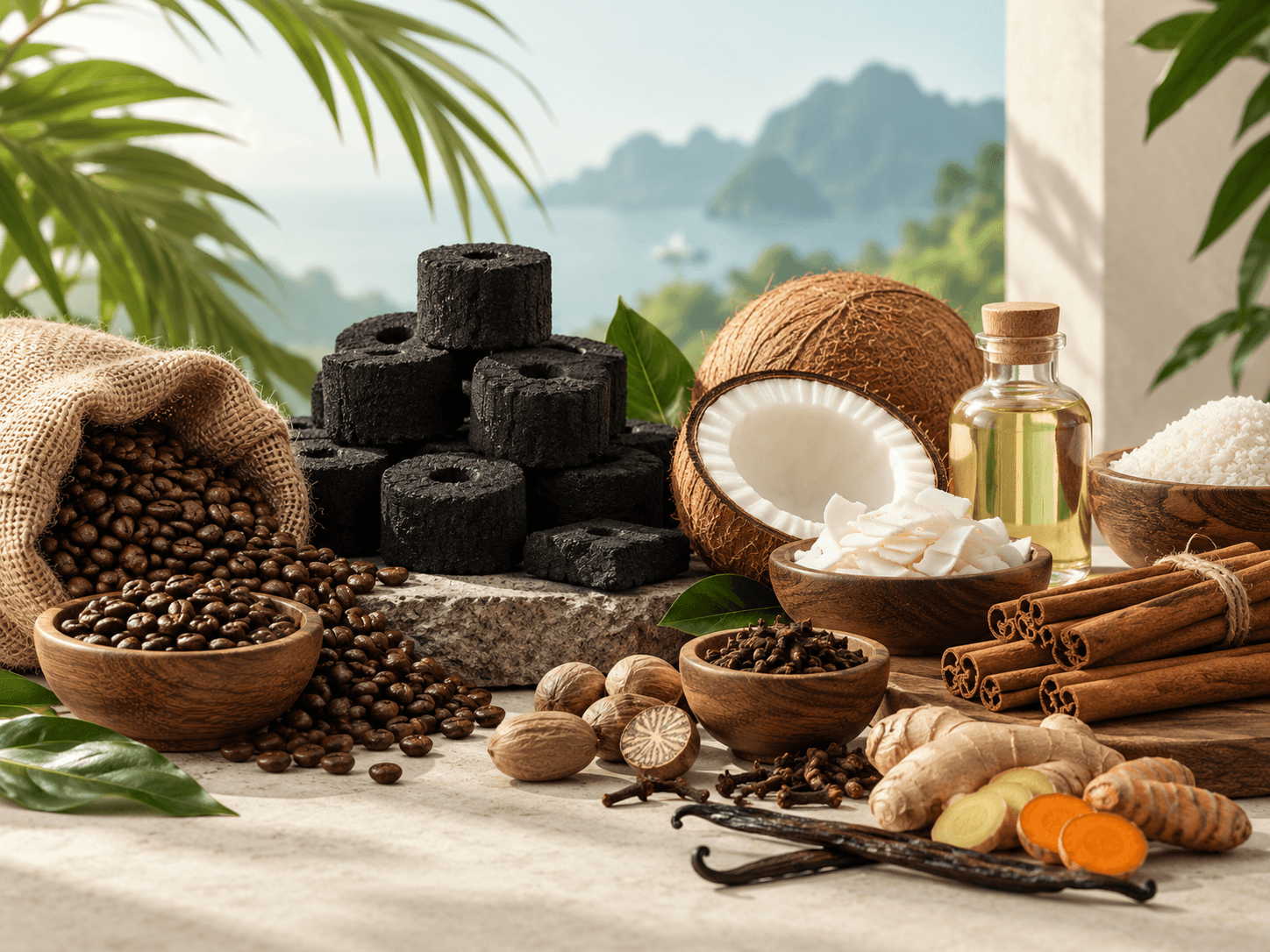 Indonesian coffee, coconut charcoal and spices